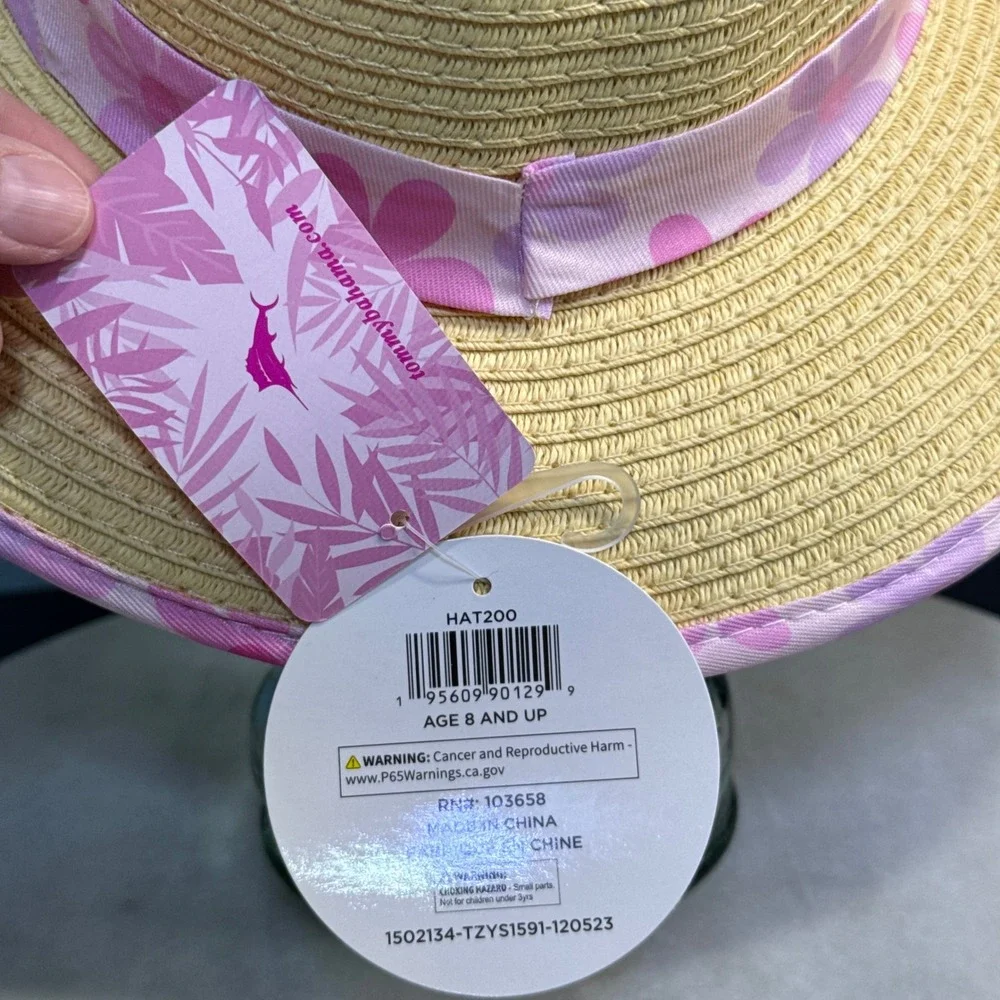 Tommy Bahama Kids Straw‎ Sun Hat Tan Pink Floral Wide Brim Adjustable Chin Strap